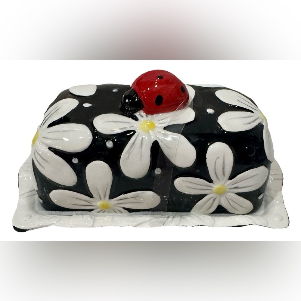 ARLINGTON DESIGNS SPRING SUMMER BUTTER DISH w/FLOWERS DOTS & LADYBUG NEW
